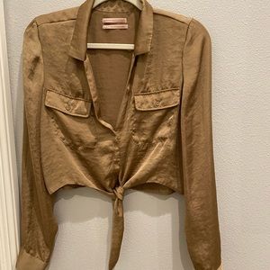 Urban Outfitters Gold Silk Crop w/ Tie - Long Sleeves